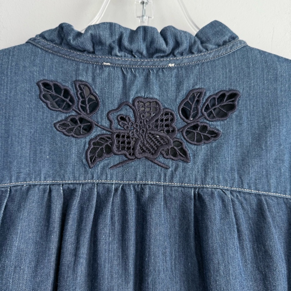 Coach Embroidered Denim Dress Blue Size 12 Made In Italy Snap Button Closure - Picture 8 of 16
